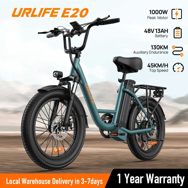 URLIFE E20 Electric Bike 1000W – 48V 13Ah Removable Battery, 20"×3" Fat Tire, 20MPH 7-Speed E-Bike with Dual Disc Brakes