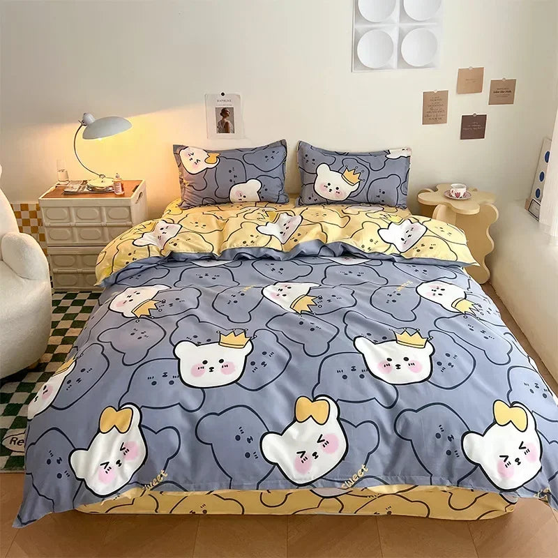 Kawaii Bear & Dog Printed Bedding Set – Floral Duvet Cover with Pillowcases, Full/Queen/King Bed Linen Quilt Sheets