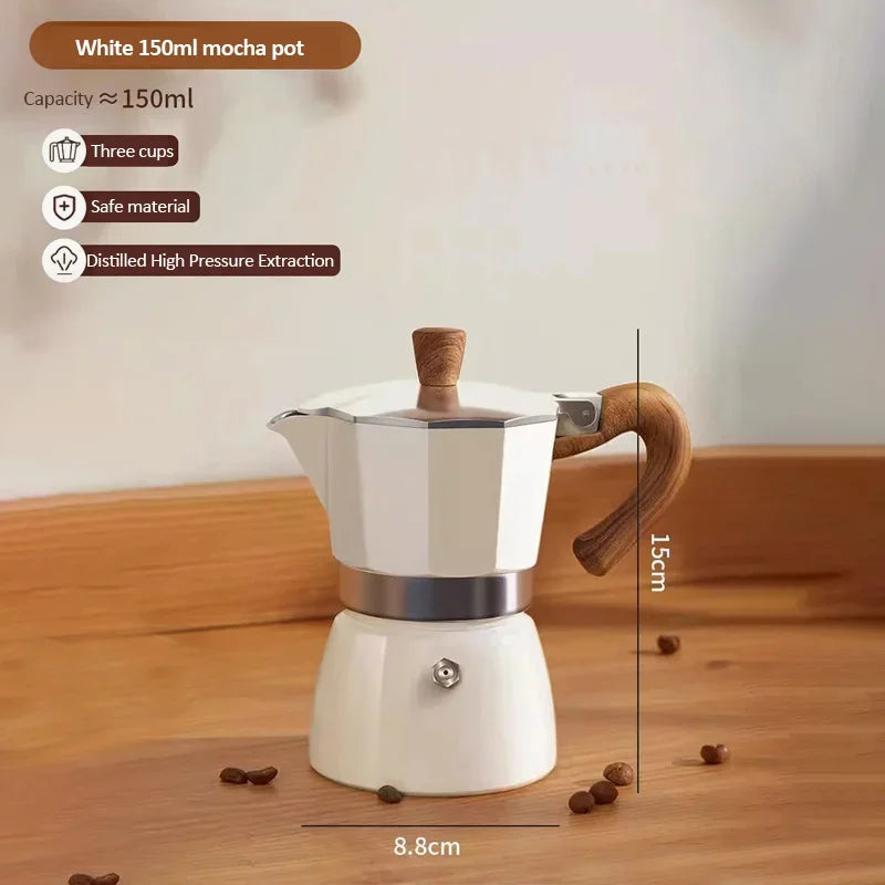 Vintage Wooden Handle Moka Pot – Classic Italian Espresso Maker 150ml/300ml for Home & Cafe Use