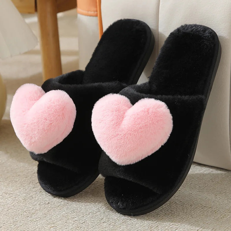 Women’s Indoor Home Slippers – Warm, Non-Slip Plush Bedroom Shoes with Cute Heart Pattern for Autumn & Winter