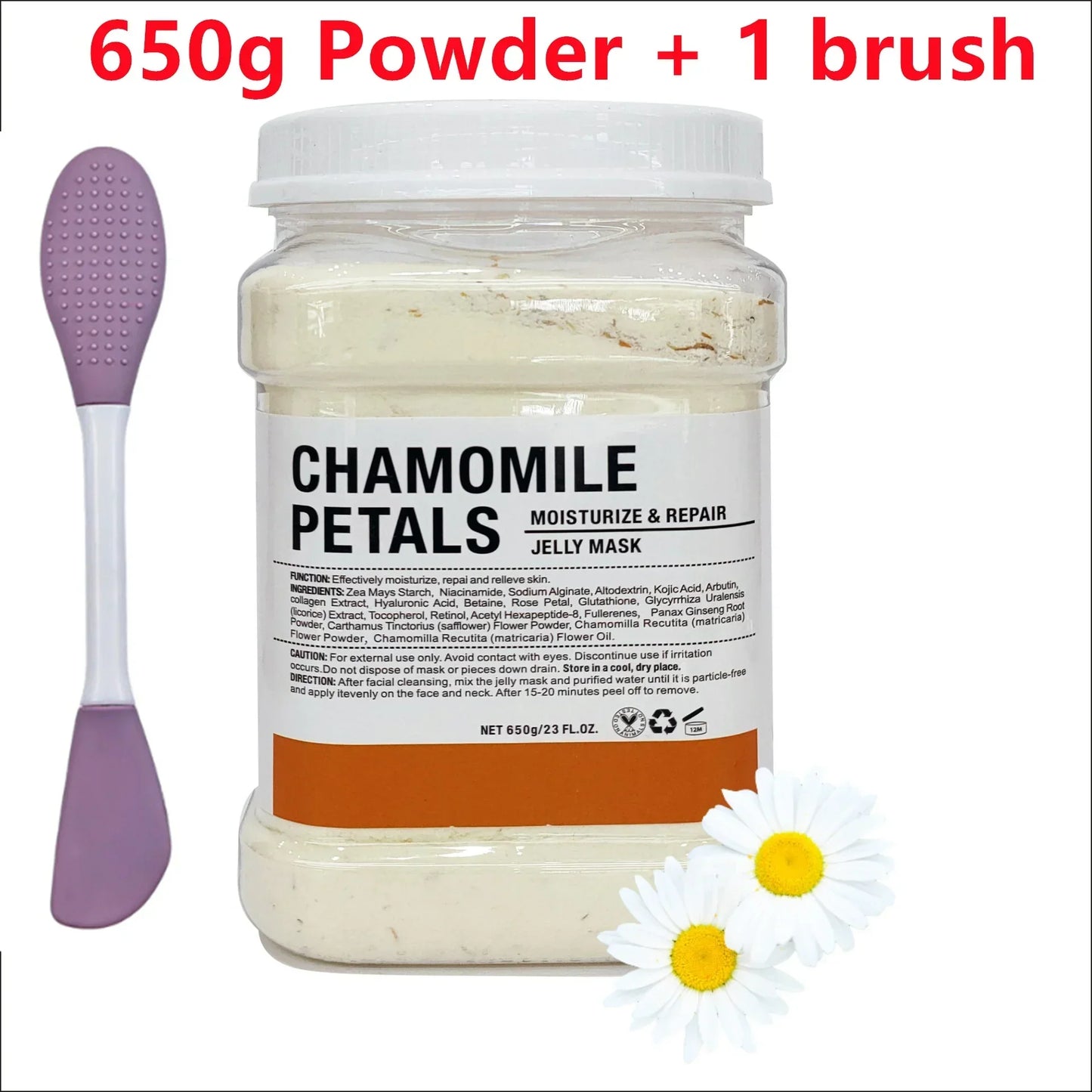 650g Chamomile & Hyaluronic Acid Facial Mask Powder – Moisturizing Rose Jelly Skin Care Mask with Silicone Brush for Elasticity Boost