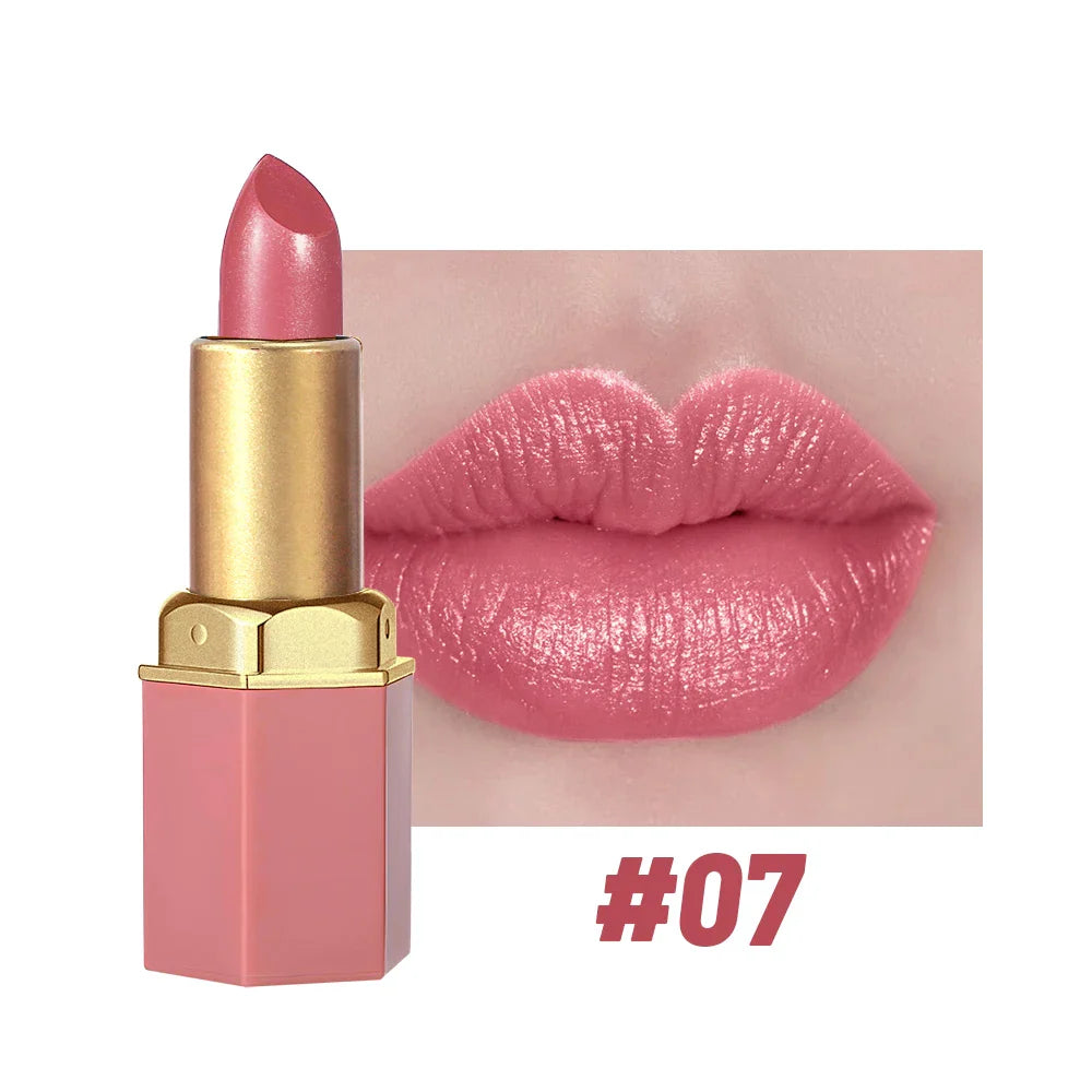 6 Colors Gold Bar Tube Lipstick – Matte, Pearlescent Glitter, Velvet Texture, Valentine's Day Gift (1PC)