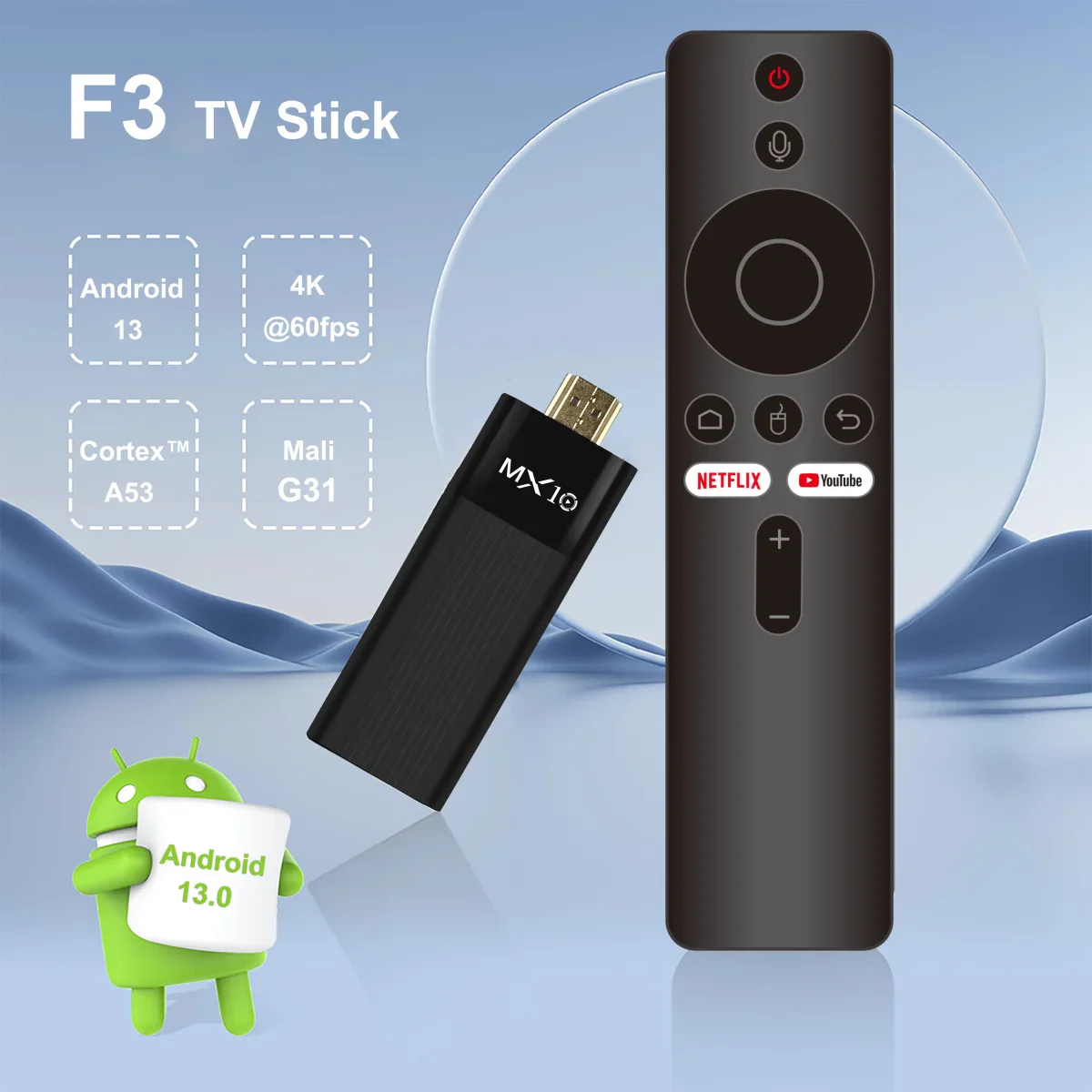 MX10-F3 Android 13.0 TV Stick Box – H313 Quad-Core, WiFi 6, Bluetooth 5.0, 8K Support, 2+16GB/4+32GB/4+64GB Options