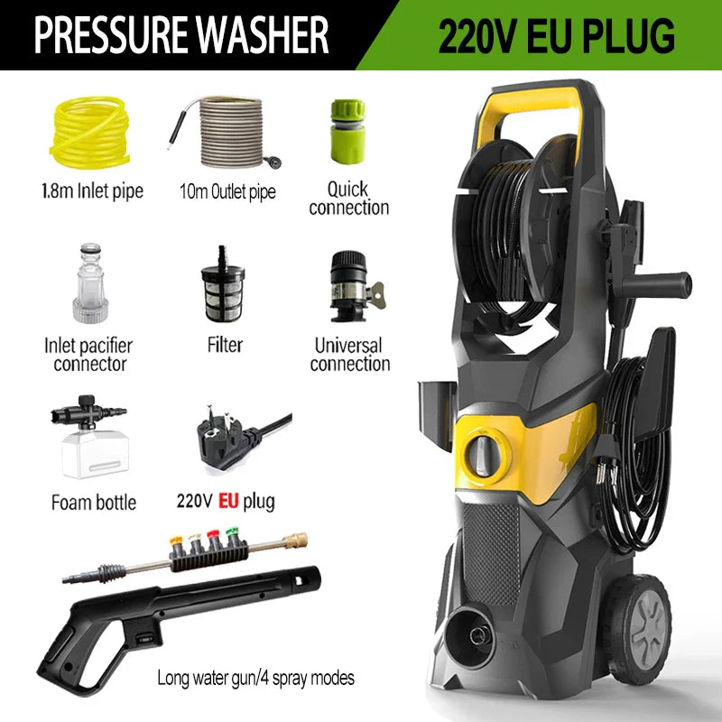 2200W Electric High Pressure Washer – 150 Bar with 4 Quick-Connect Nozzles & 10m Hose for Cars, Gardens & Terraces