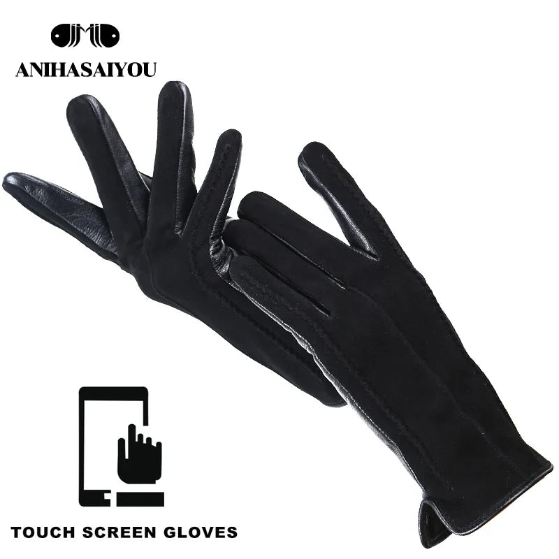 Women’s Winter Touch Gloves – 50% Genuine Leather & 50% Suede, Colorful Warm Leather Gloves