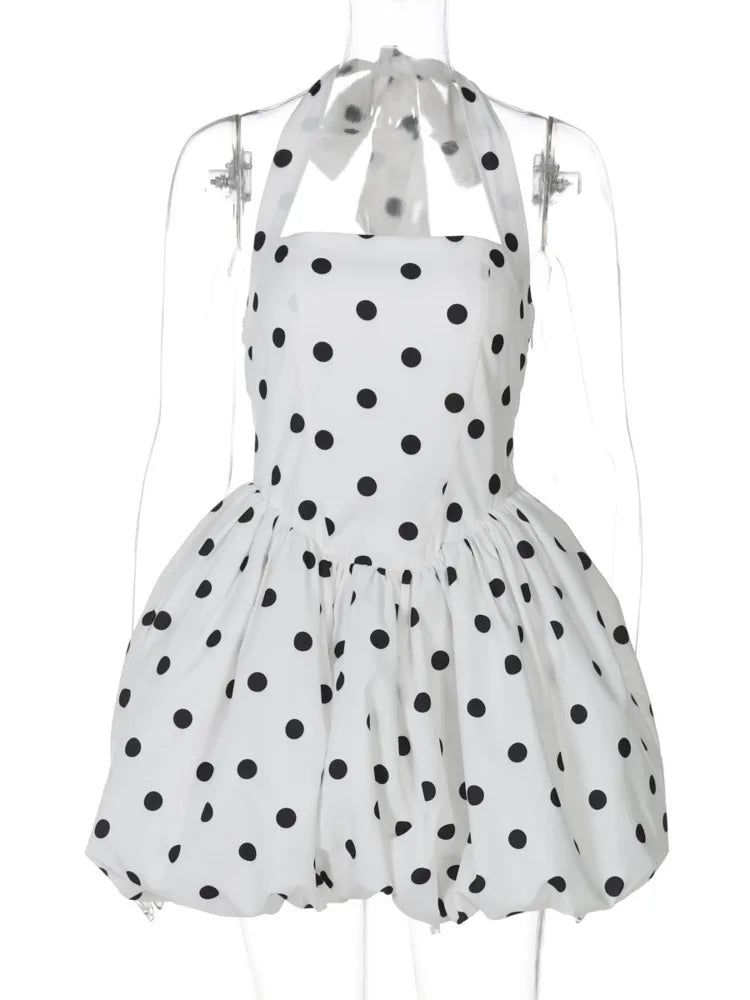 Mozision Women’s Polka Dot Halter Mini Dress – Off-Shoulder Sleeveless Backless High Waist A-Line Club & Party Dress