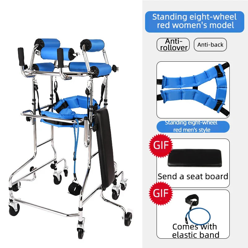 Upright Rollator Walker – 8-Wheel Anti-Tilt Stand-Up Walker with Seat, Hemiplegia Mobility Support Frame