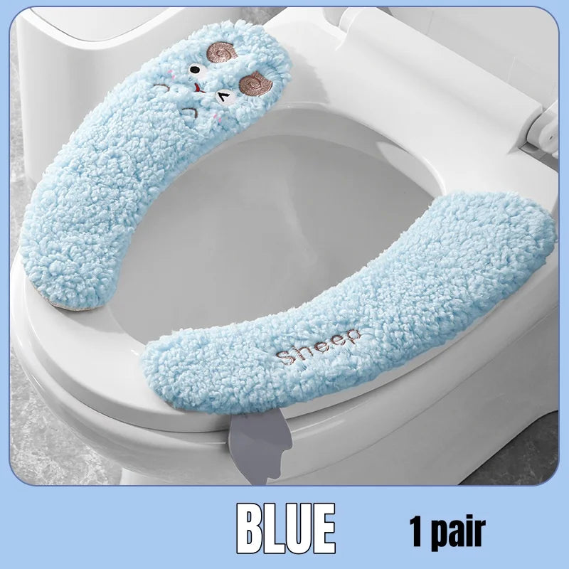 Thickened Warm Plush Toilet Seat Cover – Adhesive, All-Season, Hand-Washable Polyester Bathroom Cushion