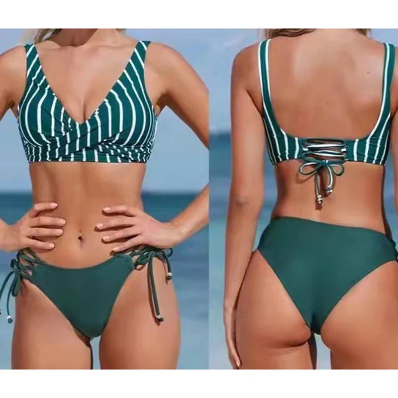 Vintage Printed Bikini Set – Women’s Cross Pleated Backless Lace-Up Push-Up Two-Piece Swimwear 2025 Beach Bathing Suit