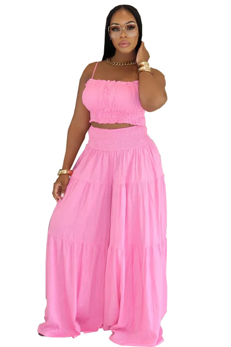 Women’s 2-Piece Summer & Autumn Outfit – Sleeveless Strapless Vest & Wide Leg Pants Casual Set
