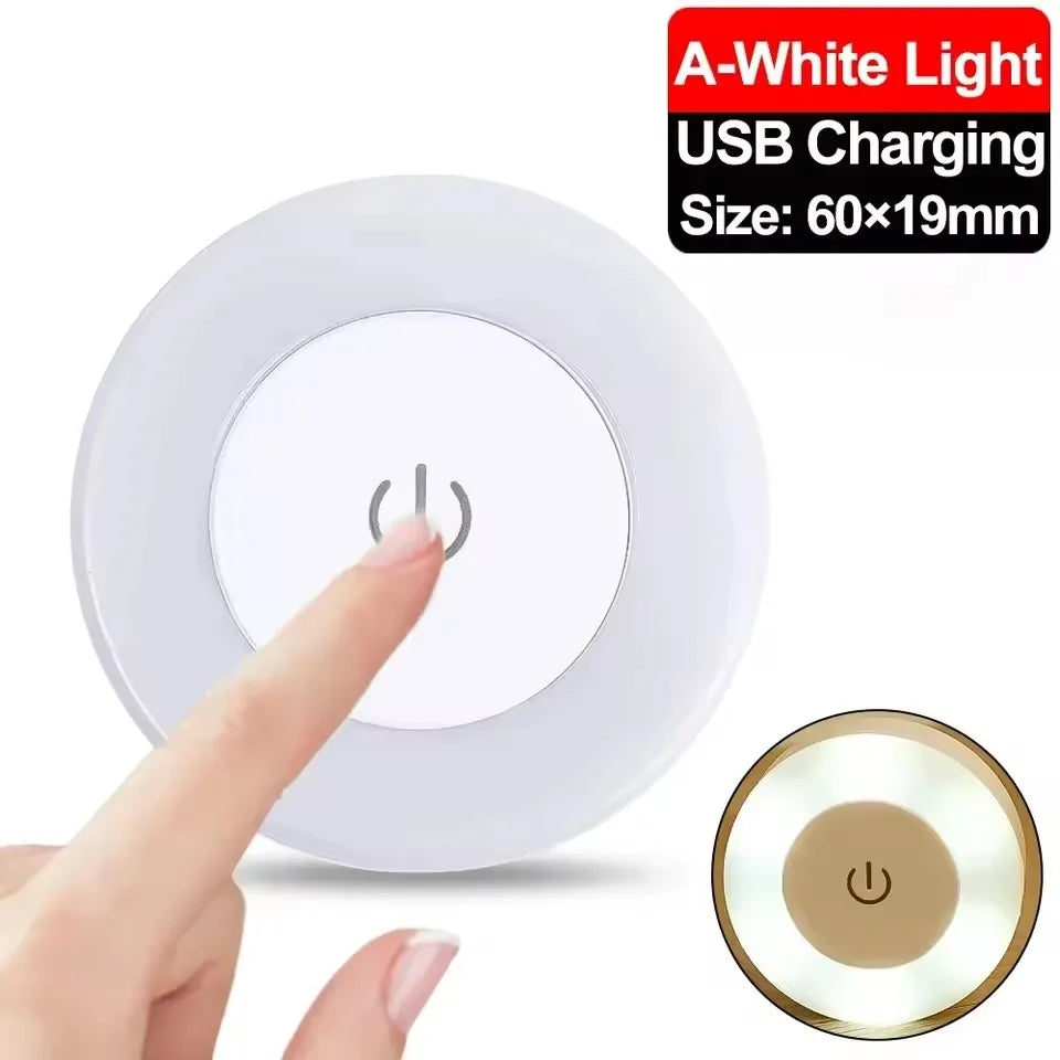 Mini LED Touch Night Light – USB Rechargeable, Portable Round Lamp with Magnetic Base & Dimming for Bedroom & Kitchen