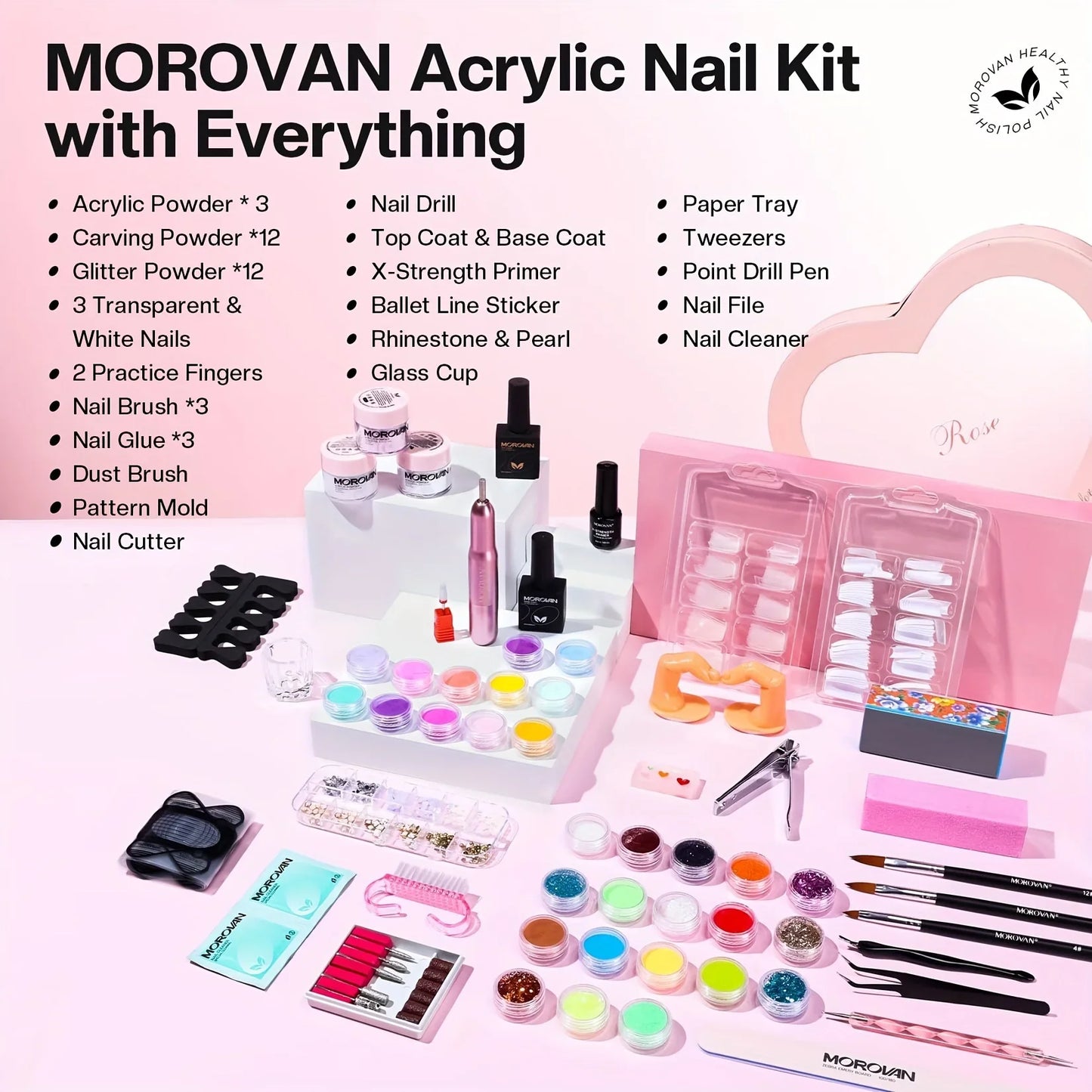 Morovan Professional Acrylic Nail Starter Kit — All-in-One Beginner Kit for Home Salon & Valentine’s Day Gift
