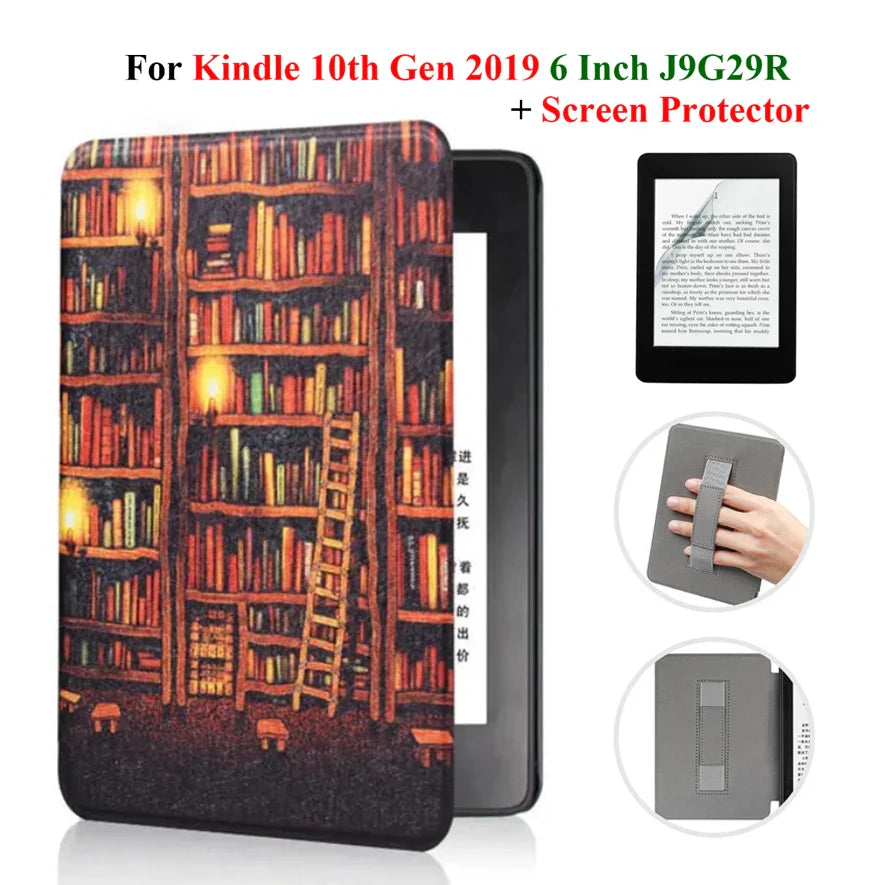 Kindle 10th Gen 6" Leather Case – Hand Strap & Screen Protector Cover with Wake/Sleep Function (2019, J9G29R)