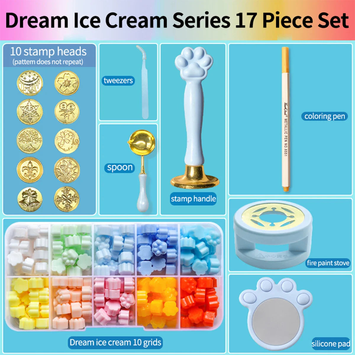 17 Piece Gift Wrap Fire Paint Wax Seal Head Stamp Set for DIY Handmade Seals