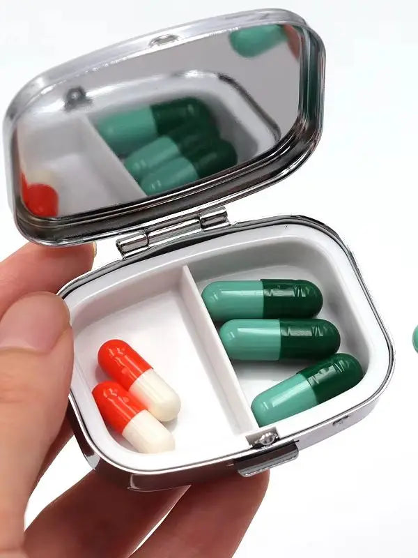 “Where Are My Pills?” Metal Pill Box - Retro 2-Compartment Portable Travel Medicine Organizer
