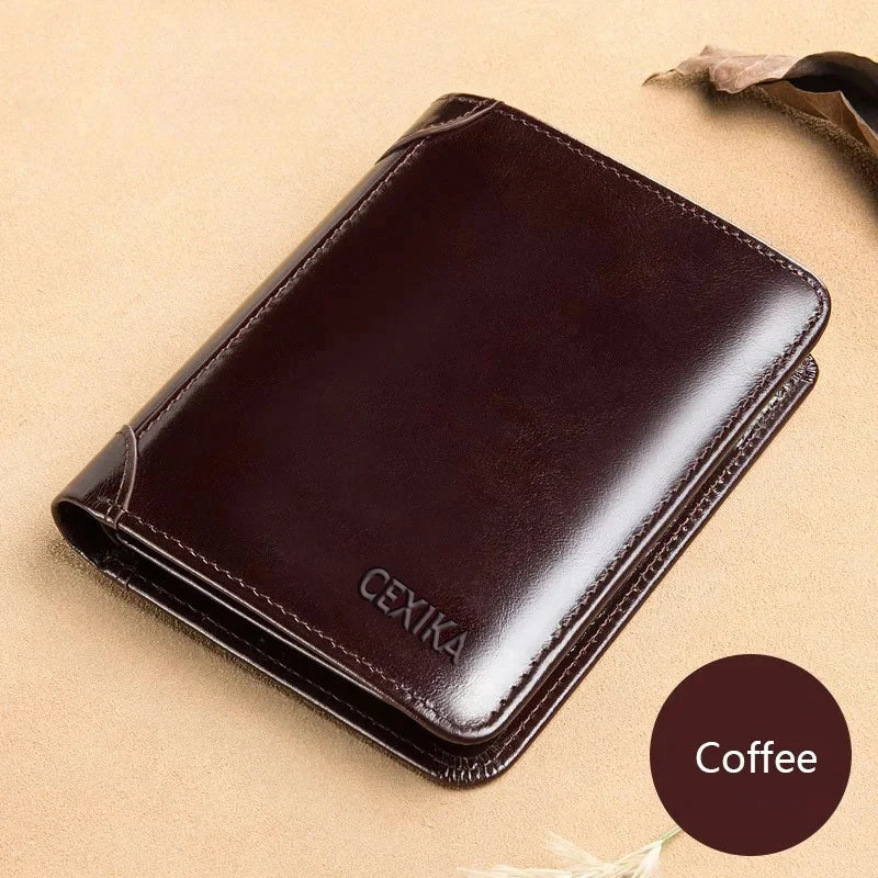 Men’s Genuine Leather RFID Blocking Trifold Wallet – Business Short Wallet with ID Window & Credit Card Holder Slim Men’s Purse Wallet