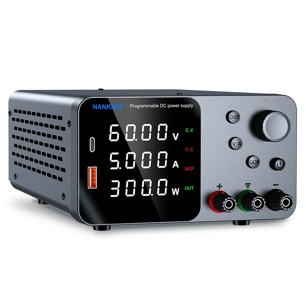 30V 10A Adjustable DC Lab Power Supply – 4-Digit LED Display, USB-A/Type-C 5V/3.6A Fast Charge with Encoder Control