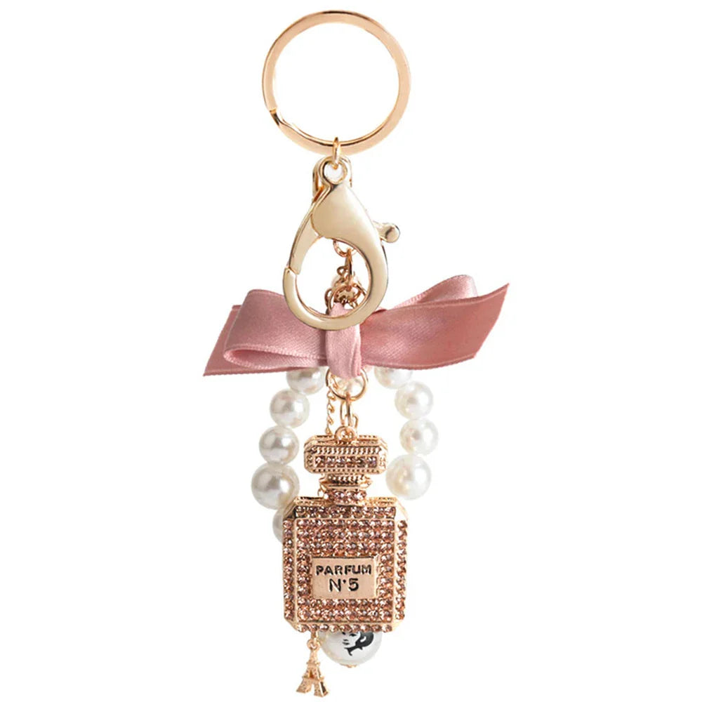 Fashion Pearl Perfume Bottle Keychain — Cute Bow Car & Bag Charm for Women, Creative Key Ring Accessory