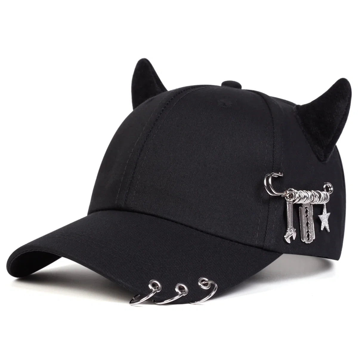 Unisex Cow Horn Baseball Cap - Personality Iron Ring Design, Adjustable Casual Outdoor Sun Hat for Spring & Autumn