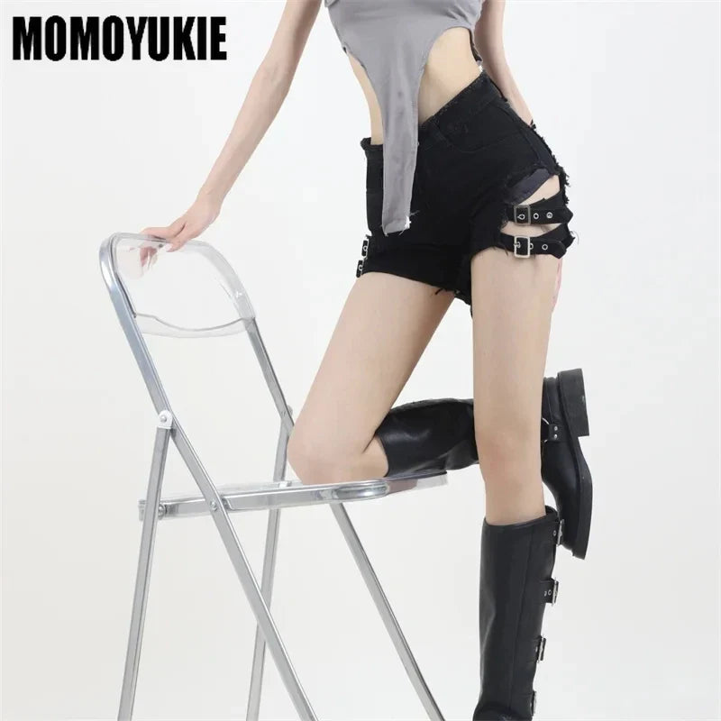 Vintage Harajuku Denim Shorts - Women's High Waist Irregular Goth Rock Style Slim Fit Summer Shorts