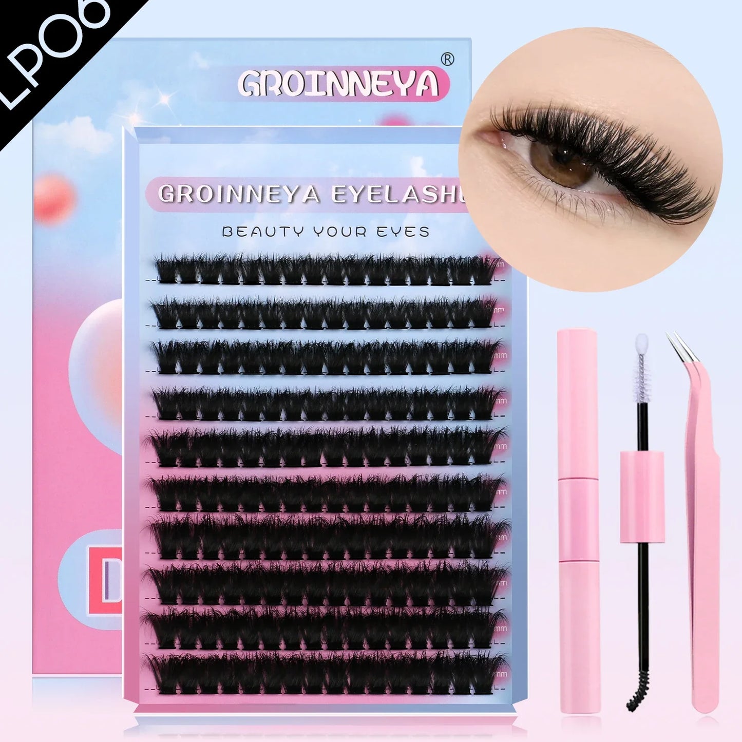 GROINNEYA DIY Mixed Lash Clusters Set – Fluffy Individual Lash Extensions Kit with Bond & Seal for At-Home Makeup