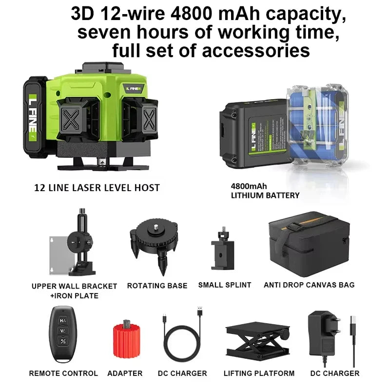 LFINE 3D/4D Laser Level — 12/16 Line Horizontal & Vertical Self-Leveling 360° Laser with Remote Control (8 Lines)