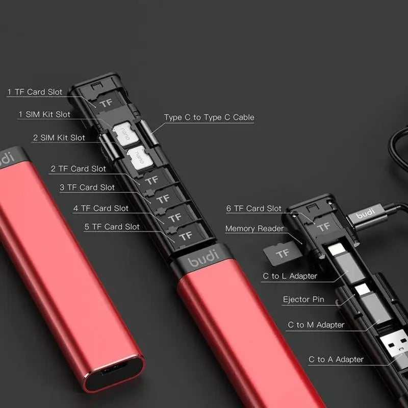 BUDI Multi-Function Smart Adapter – Data Cable, SIM Kit, TF Card Reader, Storage Case & Phone Cradle