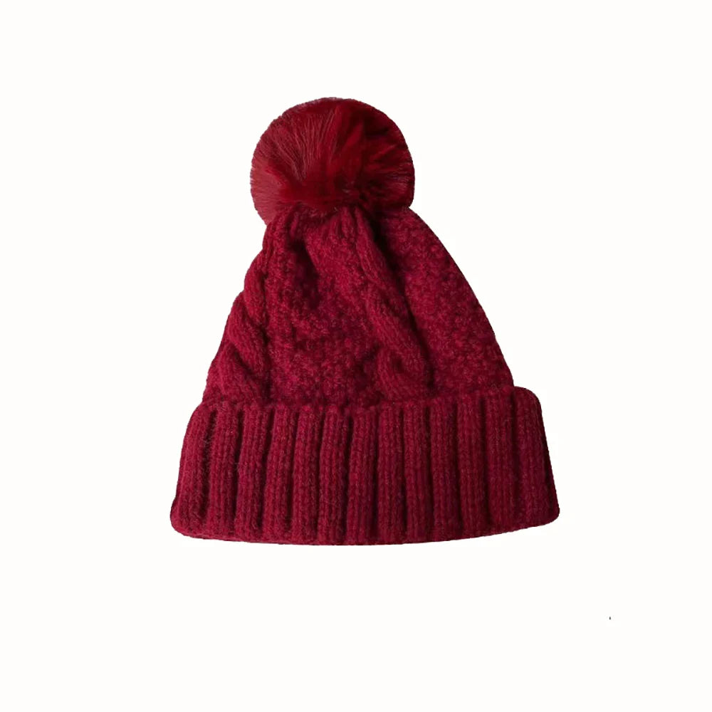 New Women’s Winter Twist Knit Hat – Thick Plush Beanie with Fur Pompom, Solid Color Ski Snow Skullies