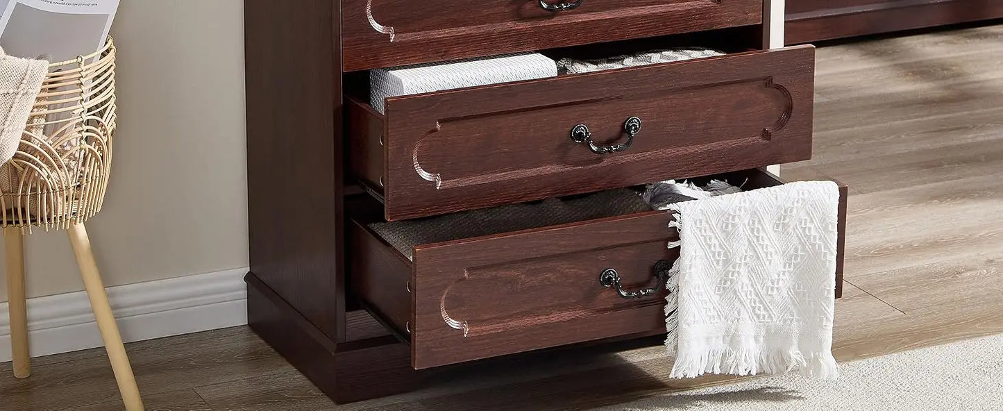 5-Drawer Farmhouse Dresser – Cherry Wood Chest of Drawers for Bedroom, Rustic Wide Storage Solution