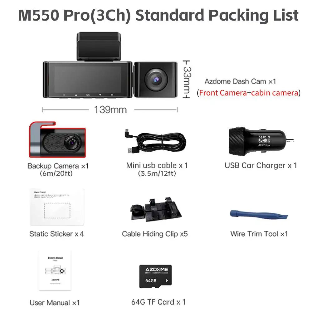 AZDOME M550 Pro 4K Car DVR Dash Cam – WiFi 5.8GHz, Front/Cabin/Rear Cameras, GPS, Night Vision & Parking Monitor