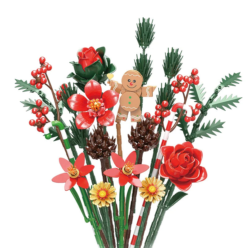 865PCS Gingerbread Man Christmas Bouquet Building Block Set – DIY Flower Plant Bricks, Decorative Toy for Kids & Adults