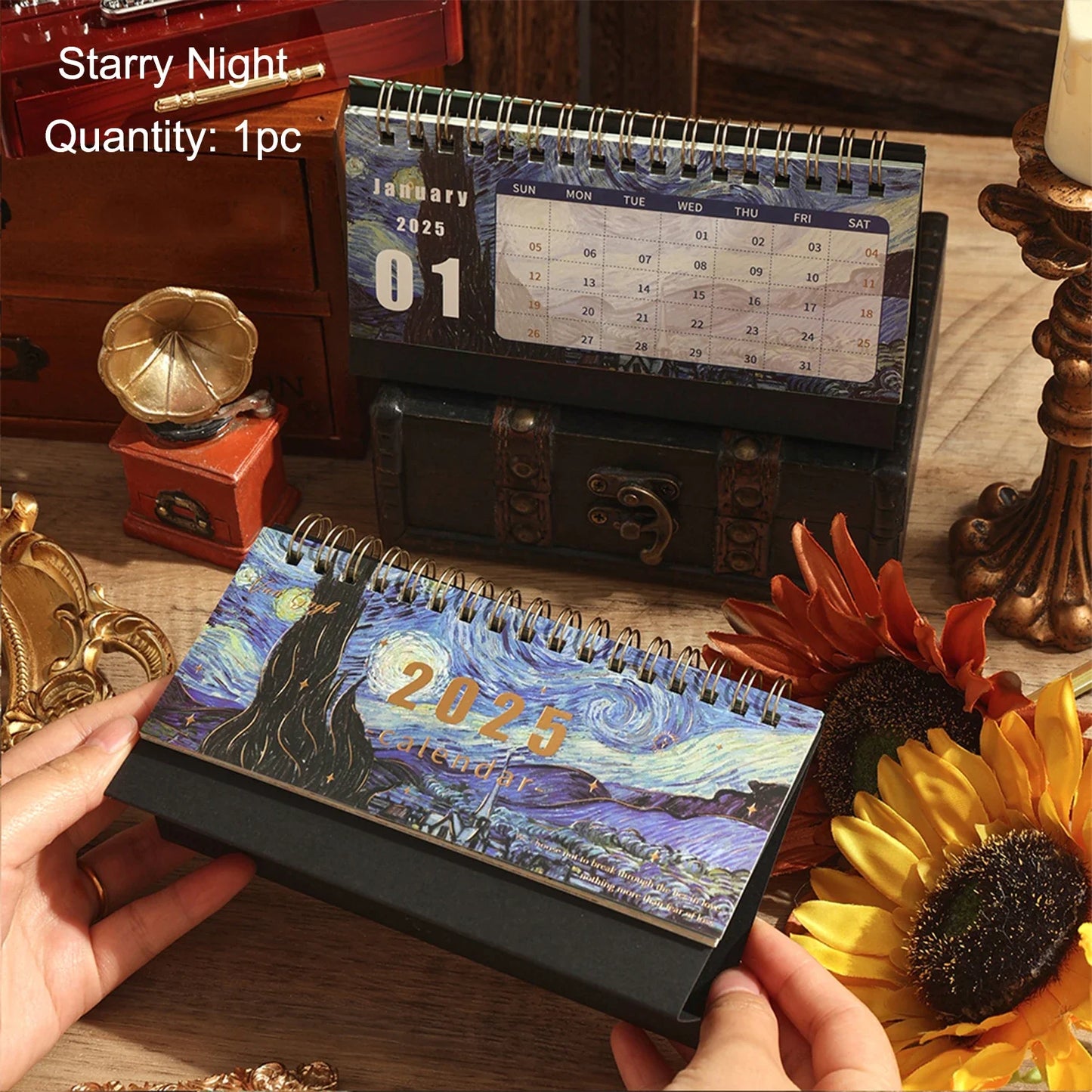 2025 Vintage Painting Desk Calendar – Flip Monthly Schedule with Memo Notes | Tabletop Calendar for Home & Office