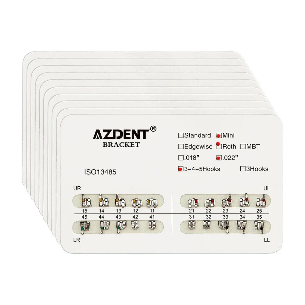 AZDENT 10 Packs Dental Brackets – Orthodontic Metal Mini Standard Roth MBT Slot 0.022/0.018 with Hooks, 20 Pcs per Pack