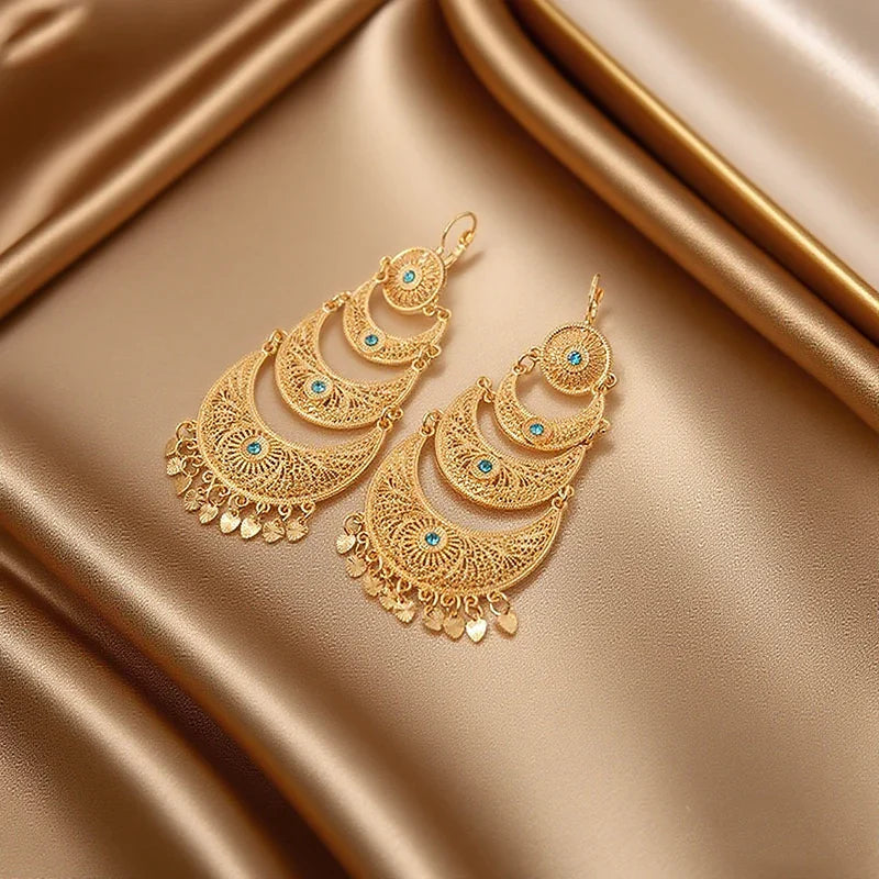 Vintage Moon & Heart Tassel Dangle Earrings for Women – Ethnic Tribal Arabesque Drop Jewelry