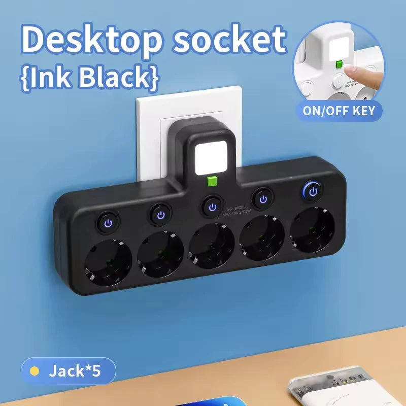 EU Plug Power Strip – 4 AC Outlets, 2 USB & 1 Type-C Ports with Independent Switch and Night Light