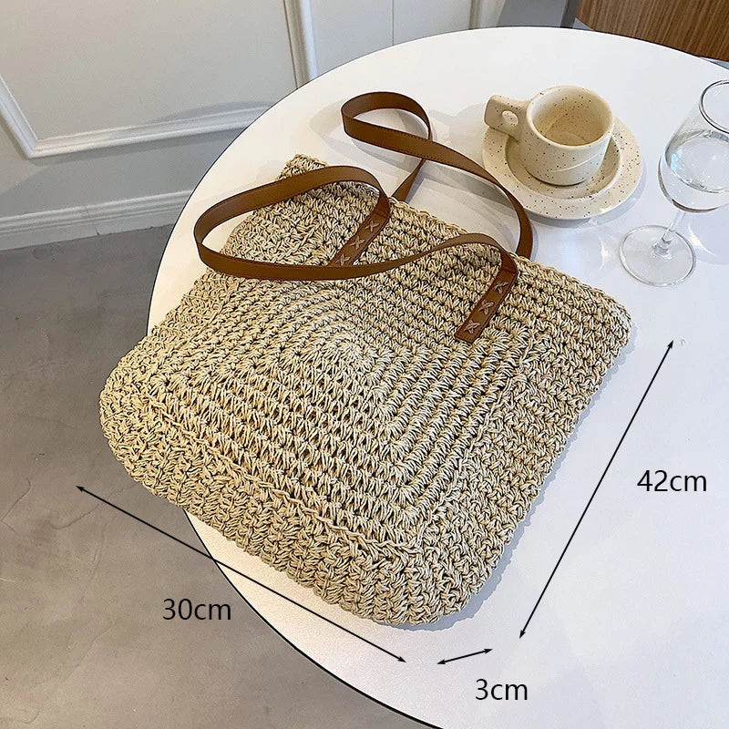 Handmade Woven Straw Beach Bag – Large Capacity Women’s Raffia Shoulder Tote for Summer Travel
