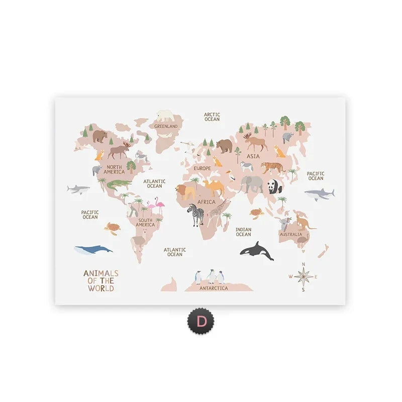 Pastel Animal World Map Canvas Wall Art – Educational Nordic Poster Print for Kids Room Decoration & Nursery Home Decor