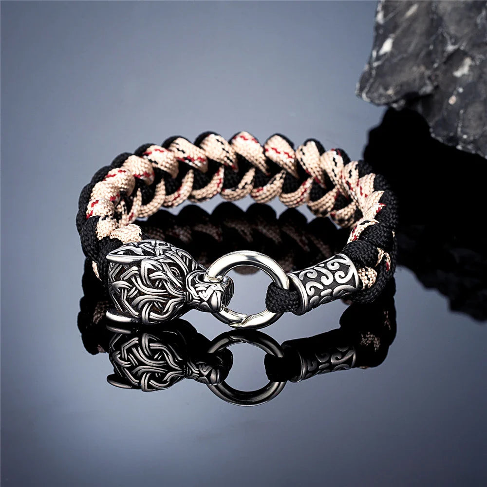 Vintage Norse Runes Celtic Wolf Survival Rope Bracelet - Handmade Stainless Steel Wristband for Men, Vikings Jewelry