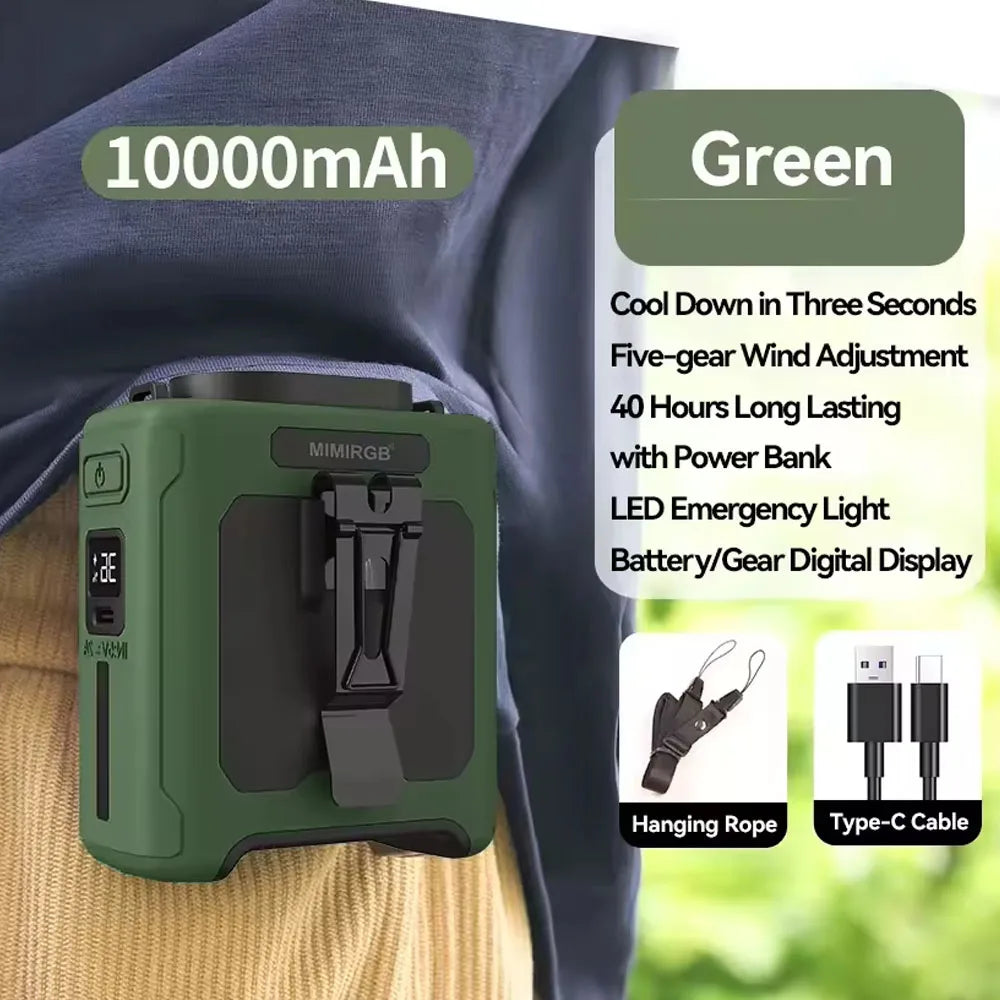 10000mAh Waist Clip Fan with Power Bank – Portable Hands-Free Rechargeable Fan | 5-Speed Cooling, Battery Display, USB Charging, Outdoor Wearable Fan