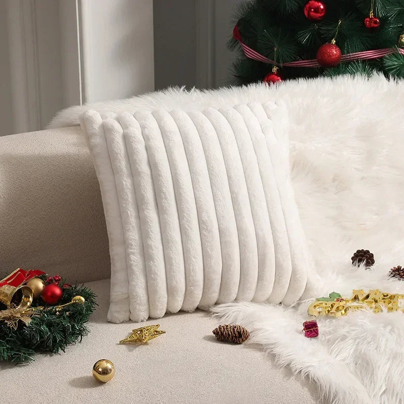 Faux Rabbit Fur Cushion Cover – Plush Soft Fluffy Striped Decorative Pillowcase for Luxury Sofa Home Decor