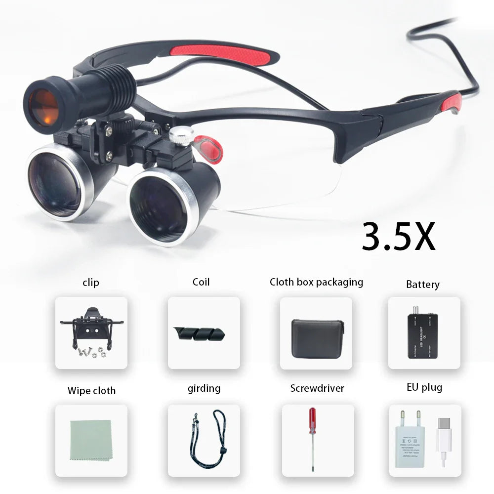 Dental Loupes 2.5X/3.5X Magnification – Binocular Magnifier with 5W Headlight & Cloth Packaging for Medical & Lab Use