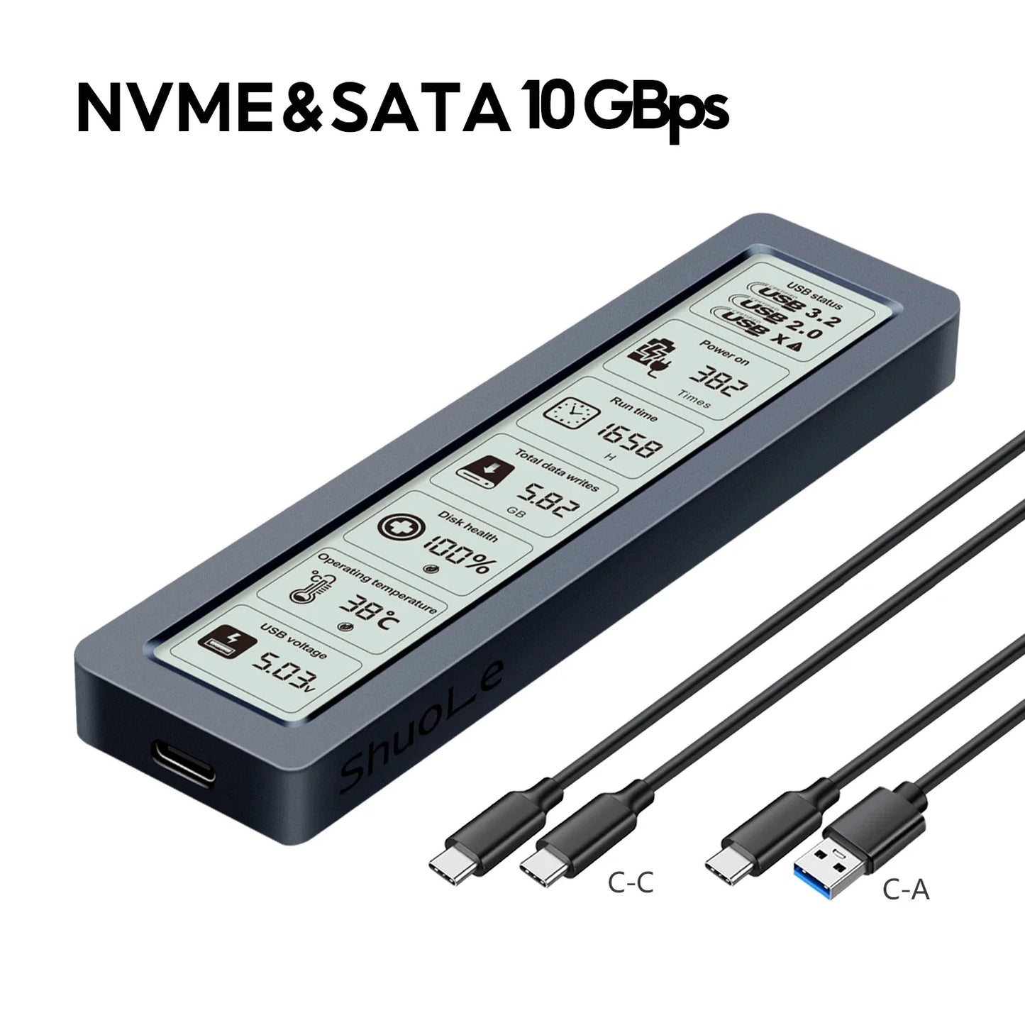 M.2 NVMe SATA SSD Enclosure – Smart Visual Case, USB 3.2 Gen 2, 10Gbps, PCI-E 20Gbps Speed