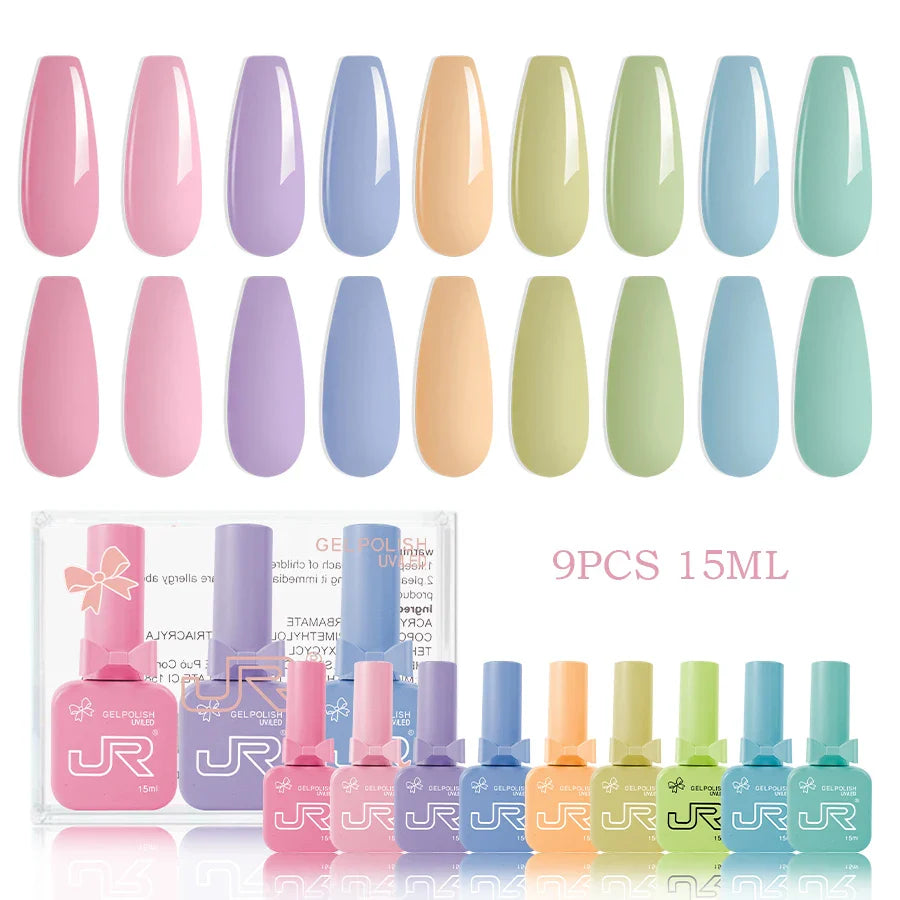 JR 9pcs Gel Nail Polish Set 15ml – Red, Pink, Nude UV LED Soak-Off Kit with Top & Base Coat for DIY Manicure & Gifts