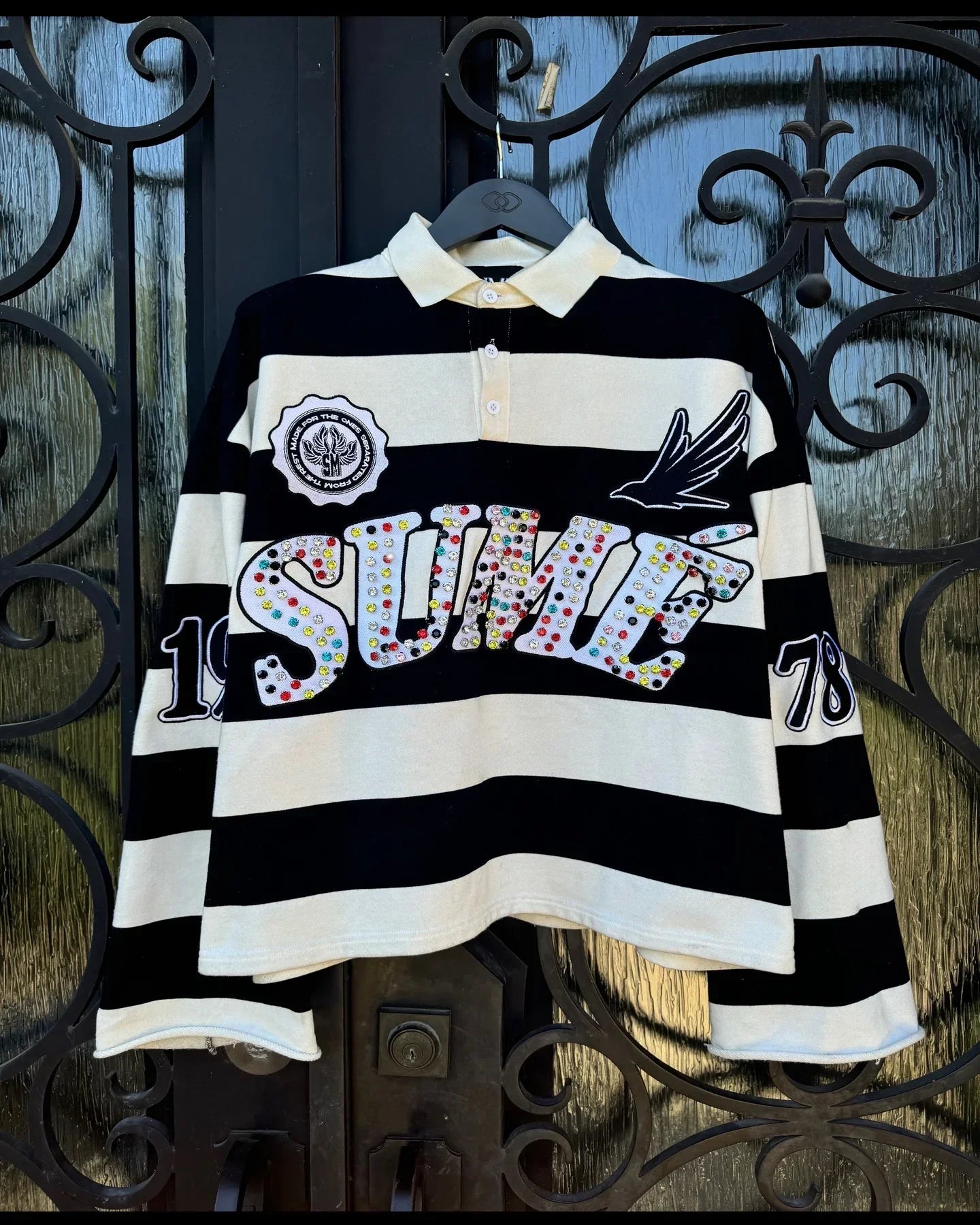 Sume Autumn Men’s Hip Hop Polo Shirt — Y2K Retro Long Sleeve Klein Stone Stripe Lapel Tee