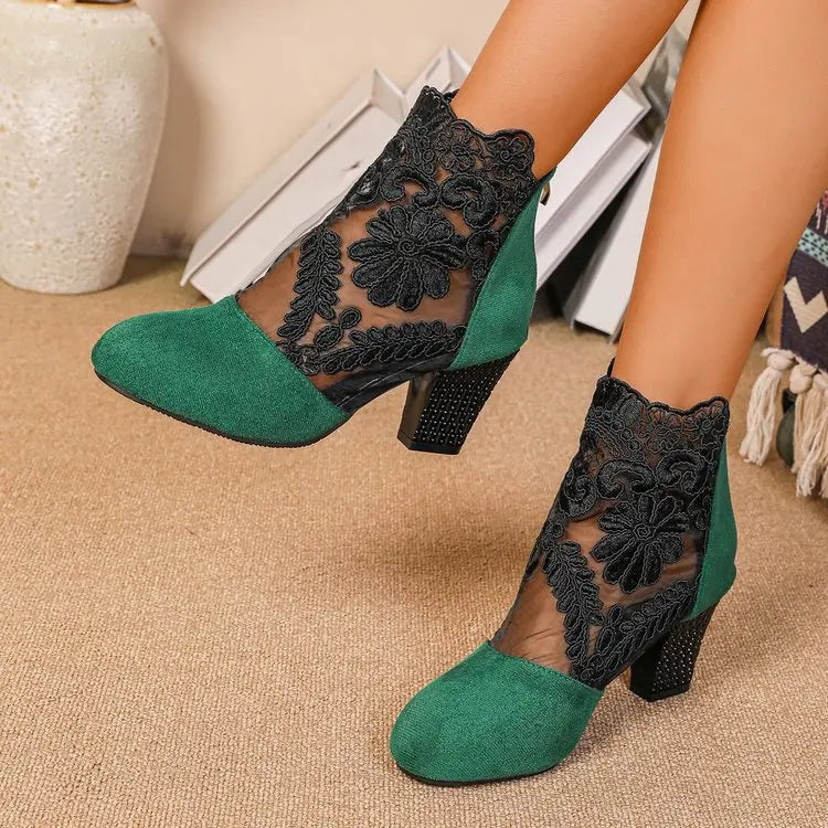 Women’s Spring Lace Boots – Fashion High Heels Ankle Shoes with Round Toe, Plus Size Available