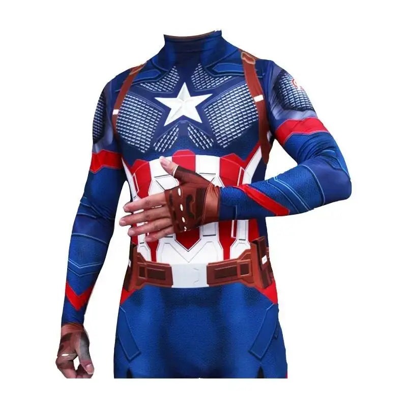 Captain America Cosplay Costume – Superhero Jumpsuit Bodysuit for Adults & Kids, Halloween Party Zentai, Asian Size