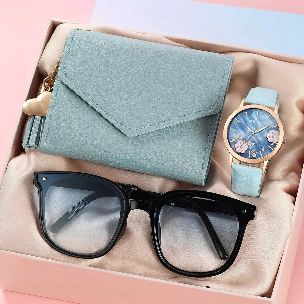 Women’s Fashion Leather Belt Watch Set – Butterfly Wallet, Glasses, and Quartz Wristwatch Dress Clock Montre Femme