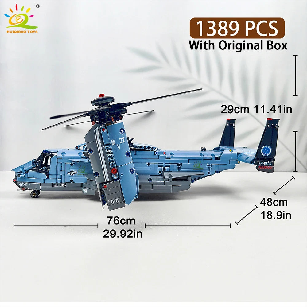 HUIQIBAO MOC 1389PCS V-22 Tiltrotor Aircraft Building Blocks – Military Helicopter Model Toy for Kids & Home Decor