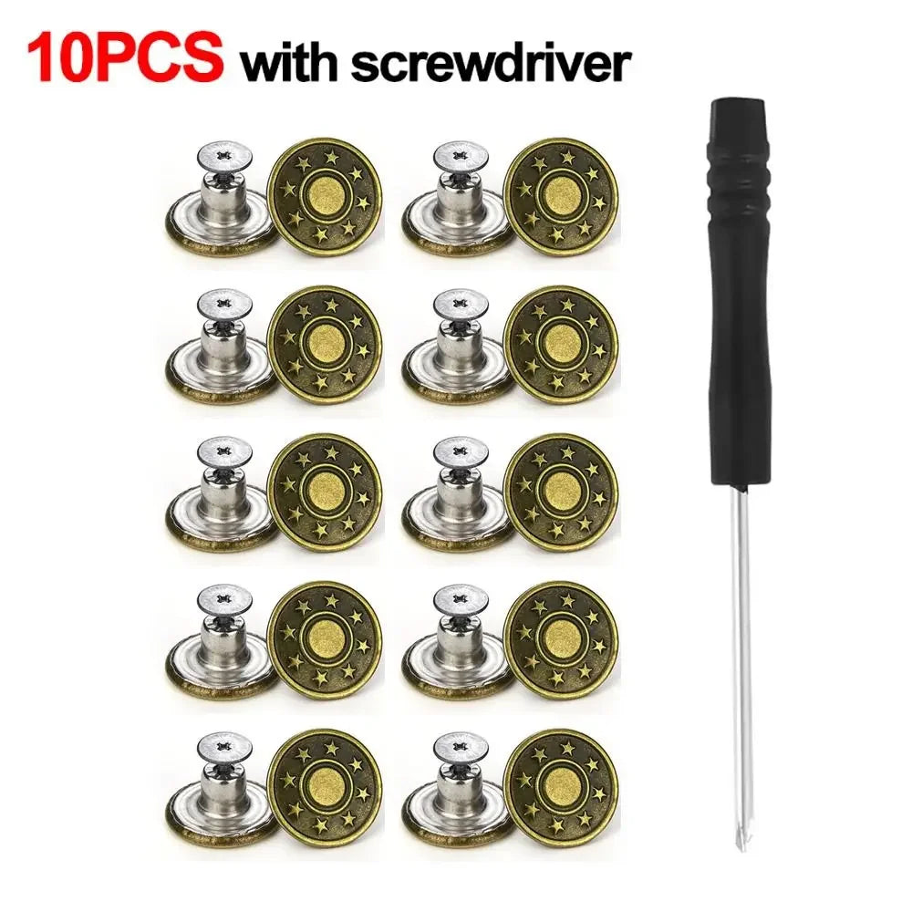10Pcs 17mm Metal Jeans Buttons – No-Sew Screw Replacement Repair Kit for Pants & Denim