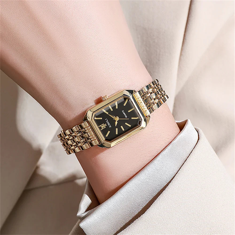 Luxury Women's Square Quartz Watch – Gold-Plated Stainless Steel Business Timepiece